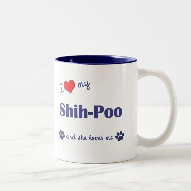 Caneca De Café Em Dois Tons Eu amo meu Shih-Poo (o cão fêmea) (Direita)