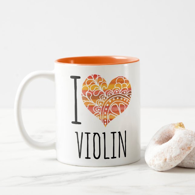 Caneca De Café Em Dois Tons Eu Amo Violin Orange Mandala Heart (Com Donut)