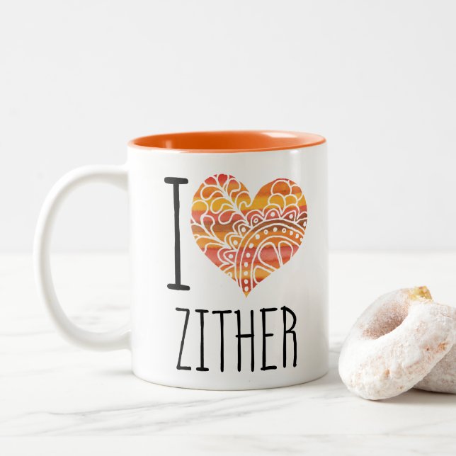 Caneca De Café Em Dois Tons Eu Amo Zquer Orange Mandala Heart (Com Donut)