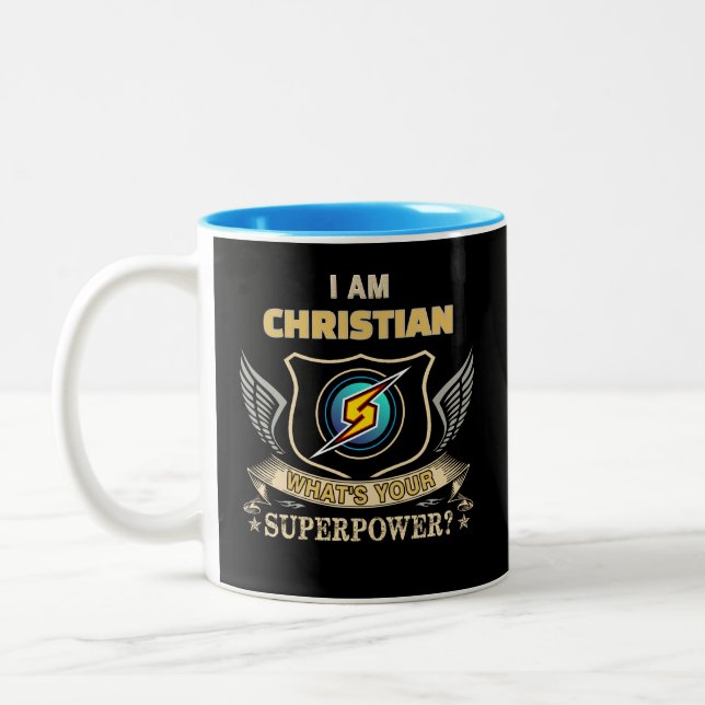 Caneca De Café Em Dois Tons Eu Sou CHRISTIAN Qual é Seu Superpoder (Esquerda)