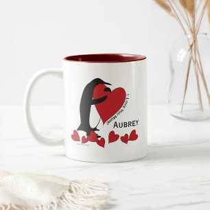 Caneca De Café Em Dois Tons Eu Te Amo Mais! Pinguin e Red Heart Name