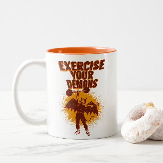 Caneca De Café Em Dois Tons Exercite seus demônios (Com Donut)