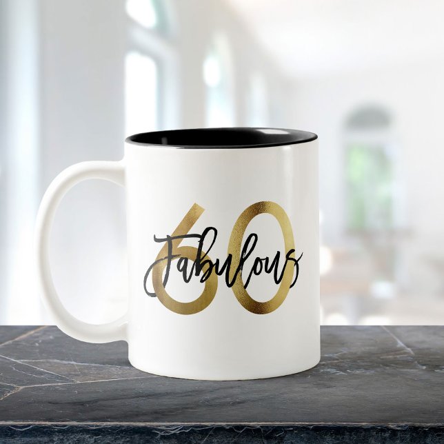 Caneca De Café Em Dois Tons Fabuloso 60º | Aniversário Dourado Elegante Modern (Criador carregado)