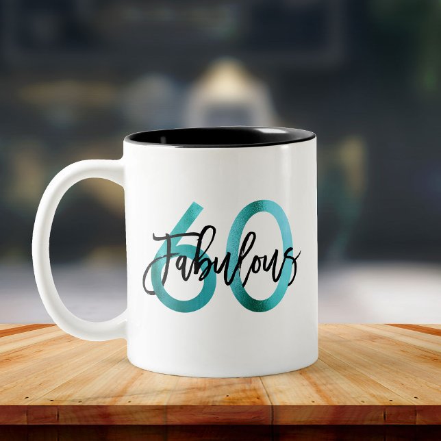 Caneca De Café Em Dois Tons Fabuloso 60º | Aniversário Verde Elegante Moderno (Criador carregado)