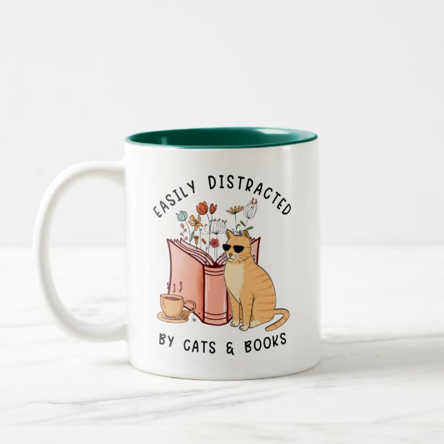 Caneca De Café Em Dois Tons Fácil Distração Por Gatos E Livros (Esquerda)
