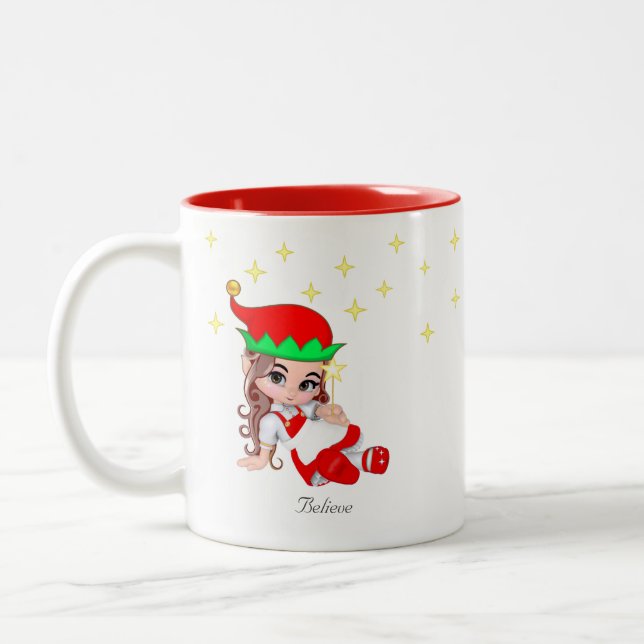 Caneca De Café Em Dois Tons Fada de Natal Vestida de Vermelho & Estrelas (Esquerda)