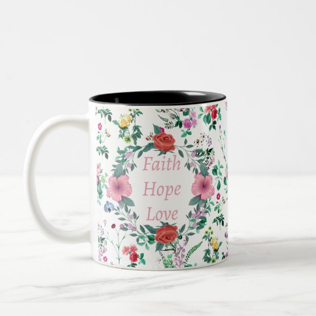 Caneca De Café Em Dois Tons Faith Hope Love | Floral (Esquerda)