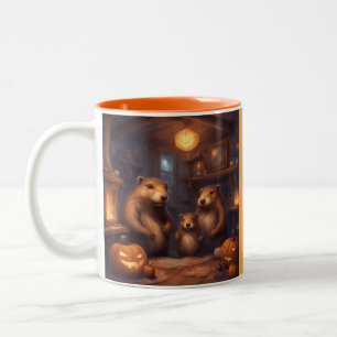 Caneca De Café Em Dois Tons Família de Castores Caprichosa no Halloween
