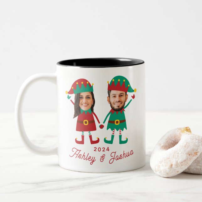 Caneca De Café Em Dois Tons Família Elf de Natal Personalizada e Engraçada (Com Donut)