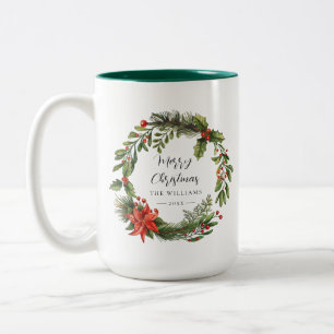 Caneca De Café Em Dois Tons Família Floral de Natal Red Berries