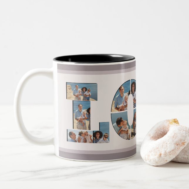 Caneca De Café Em Dois Tons FAMÍLIA Fotografia Collage Love Script Modern Keep (Com Donut)