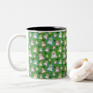 Caneca De Café Em Dois Tons Fantasma de Halloween, Morcegos, Estrela, Confetes