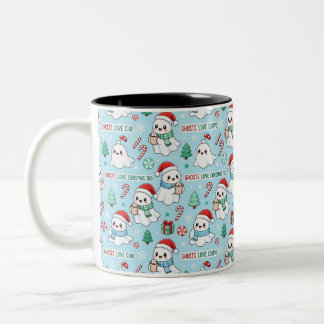 Caneca De Café Em Dois Tons Fantasmas Fofos Usando Chapéus de Papai Noel Desig