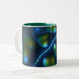 Caneca De Café Em Dois Tons Fantasy Luzes Abstrato Azul Verde Amarelo Fractal