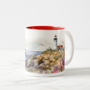Caneca De Café Em Dois Tons Farol de aquarela em Primavera