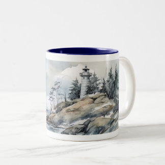 Caneca De Café Em Dois Tons Farol de Aquarela no inverno