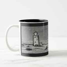 Caneca De Café Em Dois Tons Farol desenhado à mão com cena pacífica de rochas