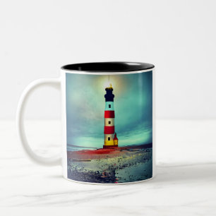 Caneca De Café Em Dois Tons Farol Iluminado Deslapidado de Praia Abandonado