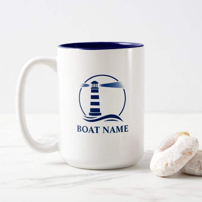 Caneca De Café Em Dois Tons Farol Náutico Adicionar Barco ou Nome Grande (Com Donut)
