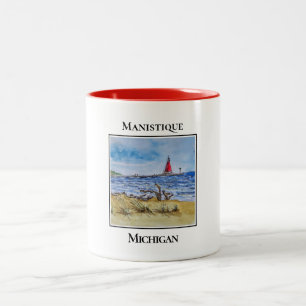 Caneca De Café Em Dois Tons Farol Vermelho Bonito, Manistique Michigan
