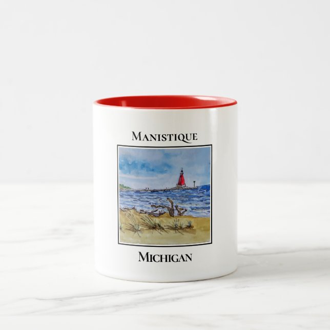 Caneca De Café Em Dois Tons Farol Vermelho Bonito, Manistique Michigan (Centro)