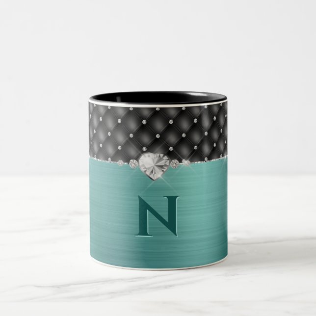 Caneca De Café Em Dois Tons Faux Metal Glam Upholstere Monograma de Teal Faux (Centro)