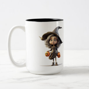 Caneca De Café Em Dois Tons Feiticeira de olhos grandes e bonitos com abóboras