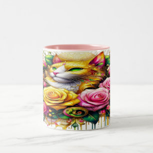 Caneca De Café Em Dois Tons Felino em Meio a um Vibrante Florescer Floral