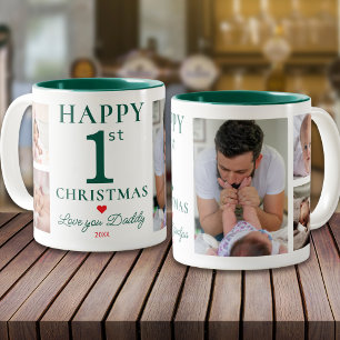 Caneca De Café Em Dois Tons Feliz 1º Natal Te Amo Papai 5 Fotos Verde