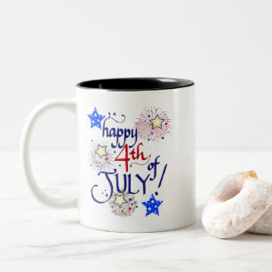 Caneca De Café Em Dois Tons Feliz 4 de julho! com fogos de artifício e estrel