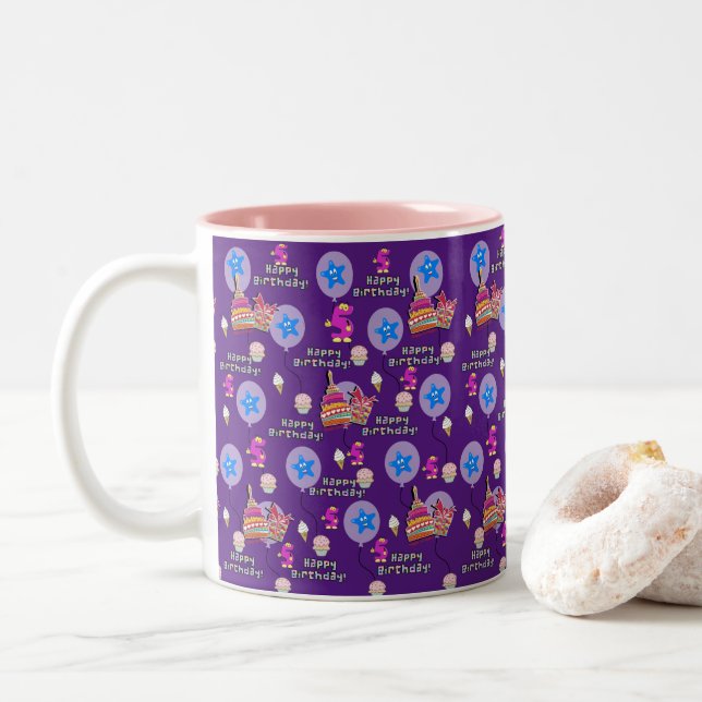 Caneca De Café Em Dois Tons Feliz 5 Birthday Mug Balões #5 Roxo (Com Donut)