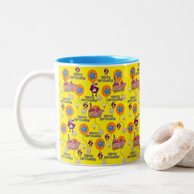 Caneca De Café Em Dois Tons Feliz 6 Birthday Mug Balloons #6 (Com Donut)