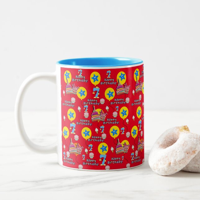 Caneca De Café Em Dois Tons Feliz 7 Birthday Mug Balões #7 Vermelho (Com Donut)