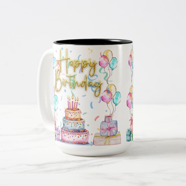 Caneca De Café Em Dois Tons Feliz Aniversário  (Frente Esquerda)