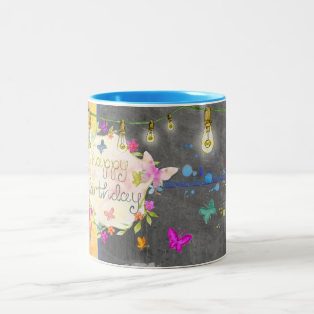 Caneca De Café Em Dois Tons Feliz Aniversário Mug - Abstrato - Borboleta (Centro)