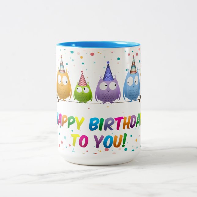 Caneca De Café Em Dois Tons Feliz Aniversário para Você, Coruja, (Centro)