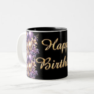 Caneca De Café Em Dois Tons Feliz Aniversário Preto e Roxo