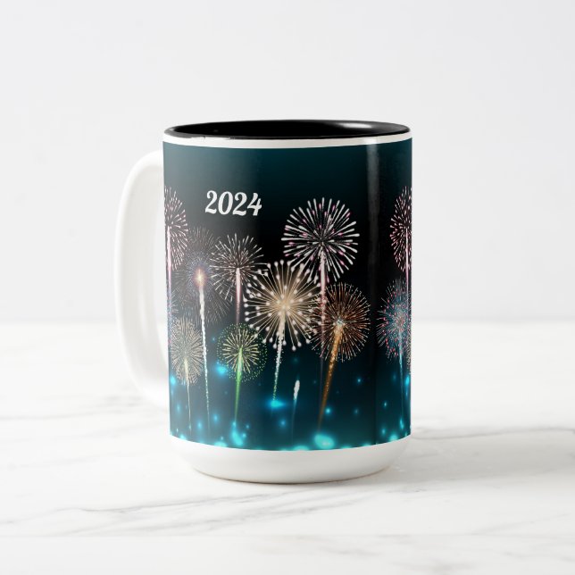 Caneca De Café Em Dois Tons feliz ano novo Fireworks 2024 (Frente Esquerda)