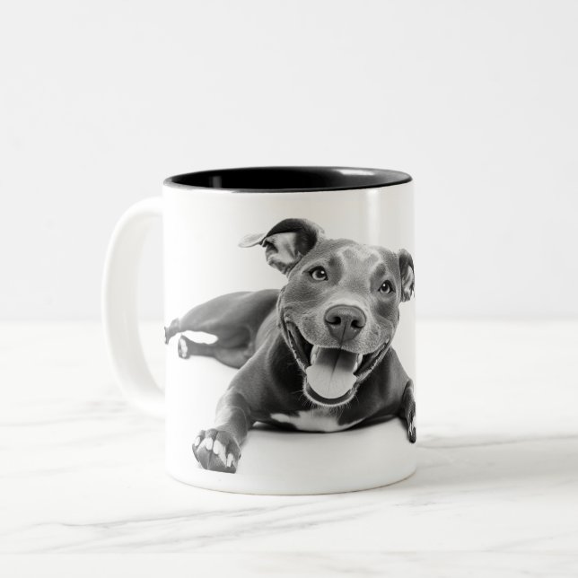 Caneca De Café Em Dois Tons Feliz cão Pitbull (Frente Esquerda)