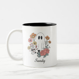 Caneca De Café Em Dois Tons Feliz Dia das Bruxas floral doce fantasma monogram