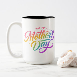 Caneca De Café Em Dois Tons Feliz Dia das Mães Colorido Caligrafia Arco-íris