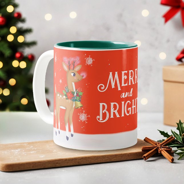 Caneca De Café Em Dois Tons Feliz e Bright Rudolph Reindeer (Criador carregado)