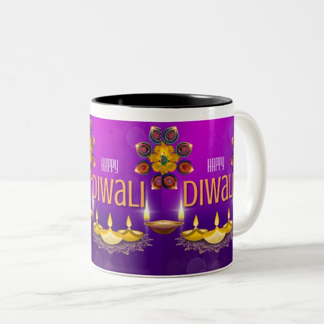 Caneca De Café Em Dois Tons feliz Festival de Luzes Indígena de Diwali (Frente Esquerda)