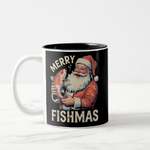 Caneca De Café Em Dois Tons Feliz Fishmas Natal Divertido Papai Noel Pescaria 