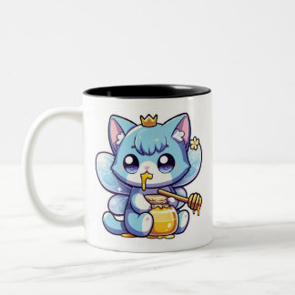 Caneca De Café Em Dois Tons Feliz gato giro comendo mel cru