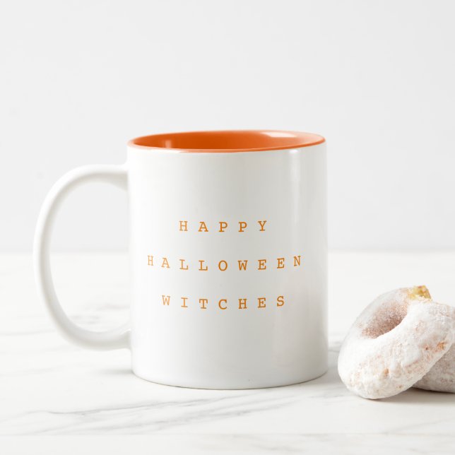 Caneca De Café Em Dois Tons Feliz Halloween Bruxas Engraçado Laranja (Com Donut)