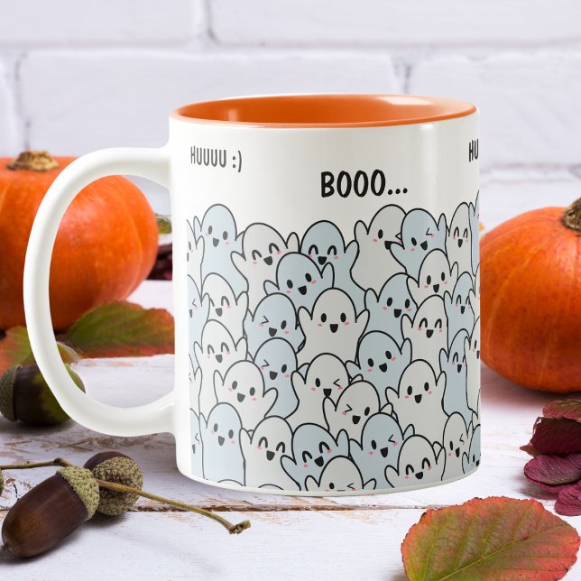 Caneca De Café Em Dois Tons Feliz Halloween de Fantasmas Famintos Personalizad (Celebrate Halloween with our little booos.)