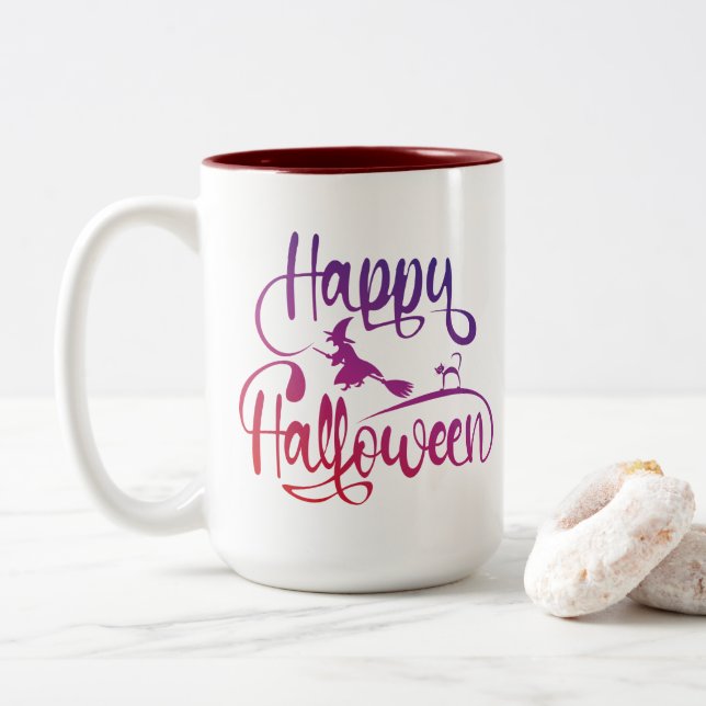 Caneca De Café Em Dois Tons Feliz Halloween gradient voando feiticeiro (Com Donut)