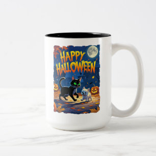 Caneca De Café Em Dois Tons Feliz Halloween Kitten e Puppy!