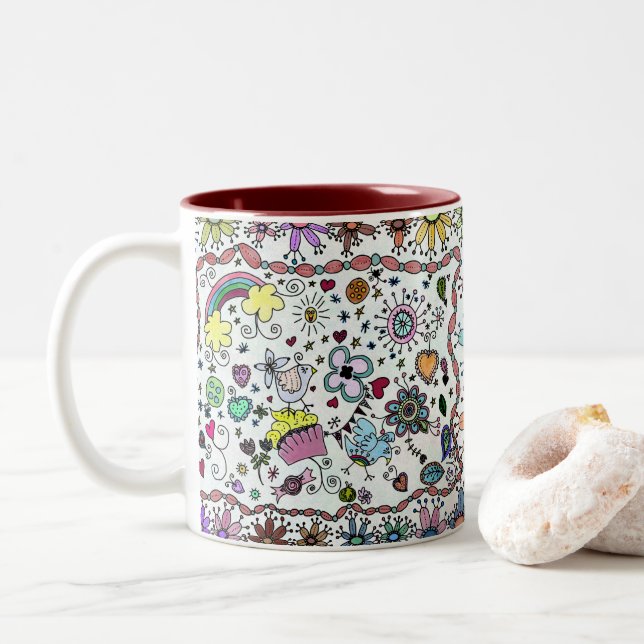 Caneca De Café Em Dois Tons Feliz Joy Doodles (Com Donut)